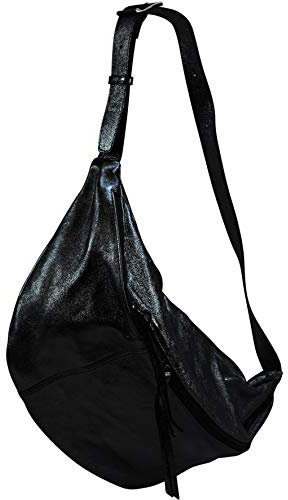 SH Leder echt Leder Damen Unisex Brusttasche für Festival Reise XXL Gross Hüfttasche Crossbody Bag Stylish Frauen Ledertasche 49x28cm Daniela G768 (Schwarz Metallic)