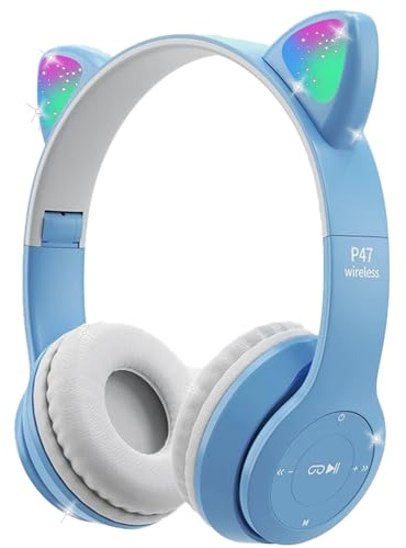 Megadream Kinder Kopfhörer Bluetooth-Over-Ear-Kopfhörer mit Mikrofon Katzenohr-LED-Licht, TF-Karte/Kabelgebundene Faltbare Kopfhörer, Mädchen und Jungen ab 8 Jahren (Blau)
