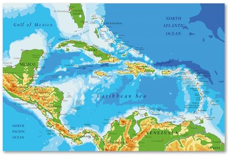 Postereck - 3939 - Karte, Karibik Englische Schrift Zentral Amerika - Wandposter Fotoposter Bilder Wandbild Wandbilder - Leinwand - 60,0 cm x 40,0 cm