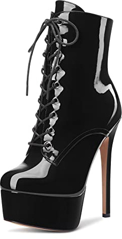 Aachcol Femmes Bottines Plate-forme Aiguille Haut High Talon Heel Rond Bout Dress Chaussures Lacets Vernis 16 CM