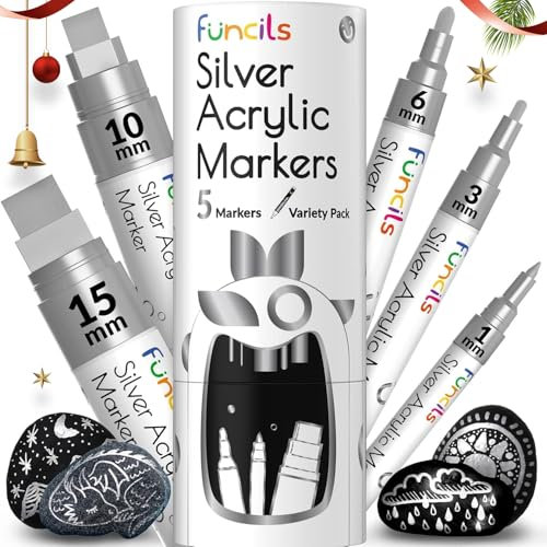 Funcils 5 Acrylic Silver Paint Pens - Metallic Paint Pens for Fabric, Wood, Canvas, Leaf, Metal, Glass - Fine Tip, Thin Point & Jumbo (1mm, 3mm, 6mm, 10mm, 15mm)
