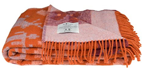 ÖJBRO VANTFABRIK Fästfolk Estelle&Esbjörn gewebte Wolldecke mit Fransen 130x200 cm orange pink 100% Schafwolle Strick-Plaid Tagesdecke Quilt warm weich - Hergestellt in Schweden