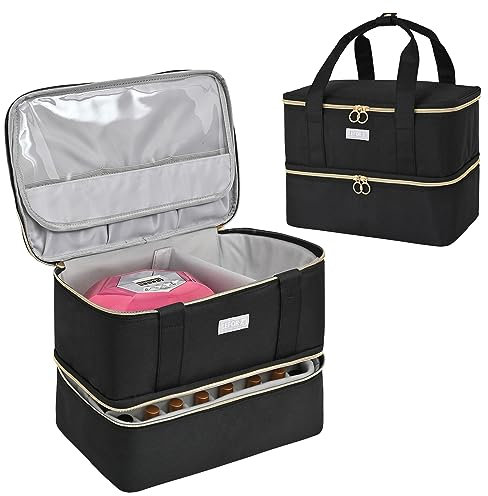 Nagellack Aufbewahrung Tasche,Doppelschichtige Nagellack Organizer für 40 Flaschen(15 ml-0.5 fl.oz) und eins LED-Nagellampe,Tragbare Nagellack Tragetasche für Nageldesign zubehör,Schwarz