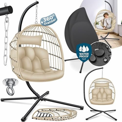 KESSER® Hängesessel Jungle mit Gestell Stahl Hängekorb Sessel Großen Kissen + Decken Halterung + Cover Hängeschaukel Hängesitz Indoor - Outdoor Schaukel Hängestuhl für Kinder und Erwachsene, Beige