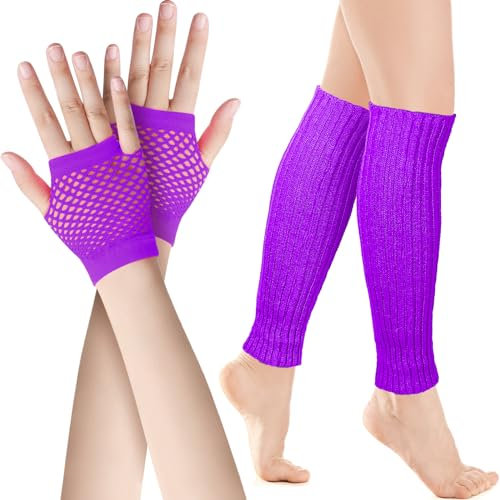 SATINIOR Elastische Neon Beinstulpen und Netzhandschuhe Set 80er Jahre Kostüm Zubehör (Lila)