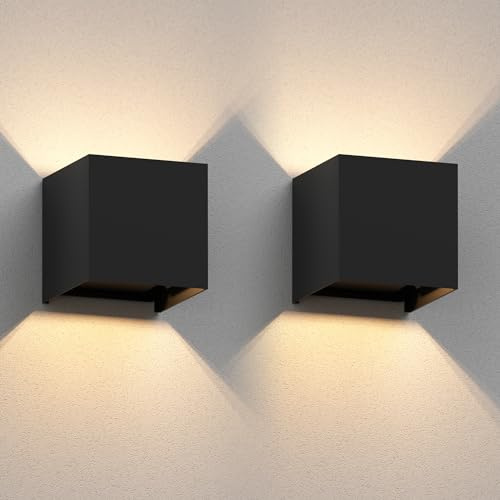 ledscom.de 2x Wandleuchte CUBEL für außen, schwarz, IP65, Up & Downlight, quadratisch + LED Lampe max. 485lm, warmweiß