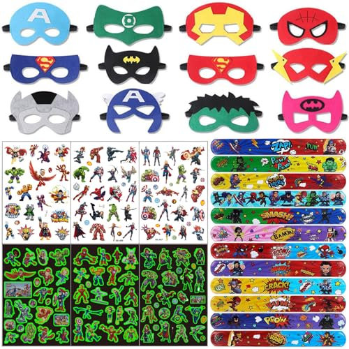 JSAN Superheld Party Mitgebsel,Avengers Geburtstag Mitgebsel mit Superhelden Masken/Schnapparmbänder/Leuchttattoos,kindergeburtstag Superhelden