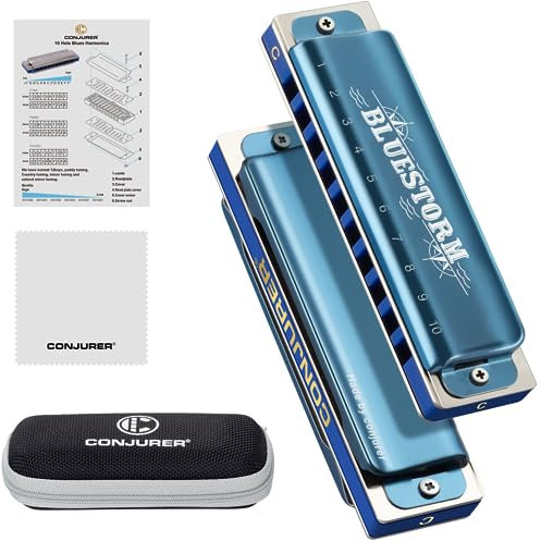 CONJURER Blues Mundharmonika für Anfänger Kinder C Dur Blues Harp 10-Loch Diatonische Harmonika Instrument Muntamonika mit hochwertigen Phosphorbronze Stimmzungen, C-Dur Blues Storm Blau