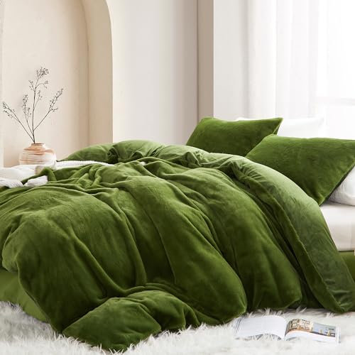 Lanqinglv Plüsch Bettwäsche 200x200 Grün Weiß Kunstfell Flauschig Winterbettwäsche Warme Kuschelig Flanell Fleece Biber Unifarben Bettbezug mit Reißverschluss und 2 Kissenbezug 80x80cm