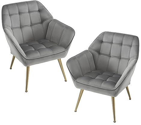 chairus 2er Set Gepolsterter Armlehnensessel Samt Einzelsofa Loungesessel für Wohnzimmer Modern Armlehnstuhl mit Metallbeinen (Grau-2)