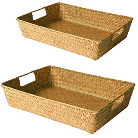 Waschen Wäschekorb Tasche Gras Weben Tablett Rechteckiger Desktop-Aufbewahrungskorb Rattan Kleinigkeiten Snack Aufbewahrungsbox Küche Badezimmer Aufbewahrungskorb 2 Packungen Wäschekorb Organizer