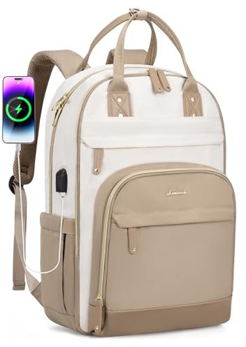 LOVEVOOK Backpack Womens, Waterproof 17 inch Laptop Rucksack Bag for Women with Anti-theft Zipper & USB Port, Large Ladies Backpacks Cabin Back Pack Womans for Travel Work School College Beige
