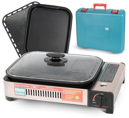 ZMC 2-in-1 tragbarer Gaskocher und Gasgrill inkl. Grillplatte, Pfanne, Glasdeckel und Koffer, Campingkocher für innen- und Außenbereich, Balkon Tischgrill mit Piezo-Zündung