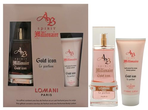 Lomani Damenduft Millionaire Le Parfum, Gold-Symbol von AB Spirit, 2-teiliges Geschenkset, 94 ml, Eau de Parfum, Spray, 94 ml Bodylotion
