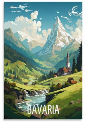 PuPLuM Vintage-Reiseposter Bayern, Deutschland, Berg, 20 x 30 cm, Leinwand-Kunst-Poster für Wohnzimmer, Dekoration, Gemälde für Heimdekoration