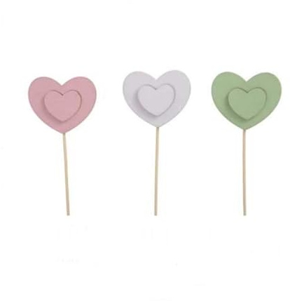 RiloStore 9 STK Dekostecker Herzen hellgrün rosa Weiss Holzherzen Stecker Picks Herz am Stab Hochzeitsdekoration Namensschilder Holzherz Floristik o555 Gesteckdeko Blumendeko 6,5cm Herz 30cm lang