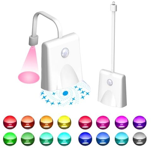 Lampe LED Toilette, WC Lumière Veilleuse avec Détecteur de Mouvement et Étanche 16 Couleurs, USB Rechargeable Toilettes Lampe De Siège avec Lampe Projecteur, Éclairage de Nuit pour Salle de Bain