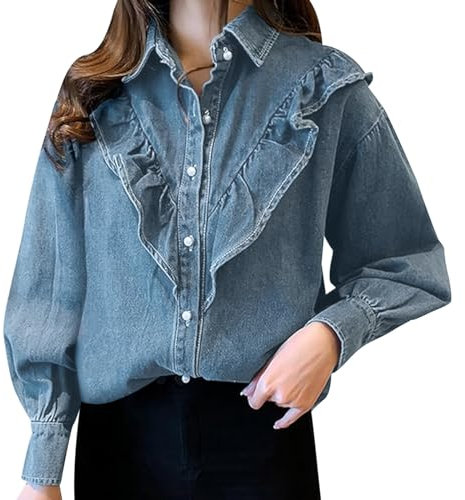 Camicia di Jeans da Donna Camicia da Cappotto Casual Versatile a Maniche Lunghe con Doppia Tasca Ampia Giacca Chiodo Pelle