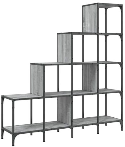 Makastle Bücherregal, Standregal, Regal mit offenen Fächern, Aufbewahrungsschrank für Wohnzimmer Schlafzimmer Büro, Grau Sonoma 122x30x132 cm Holzwerkstoff und Metall