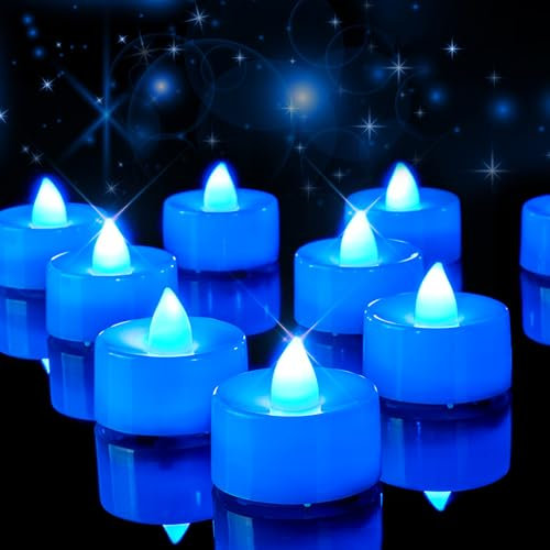 Amagic Blue LED Tea Lights Candles, 24 Pack Battery Operated Flameless, Long Lasting Colored Tealights for Halloween, Party, Wedding Table Decor
