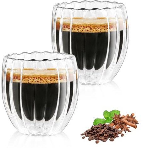 KAMEUN Doppelwandige Kaffeegläser, 2er Set 250ml Latte Macchiato Gläser, Espresso Glas, Borosilikatglas Thermogläser für Cappuccino, Americano, Tee, Milch, Bier, Eis