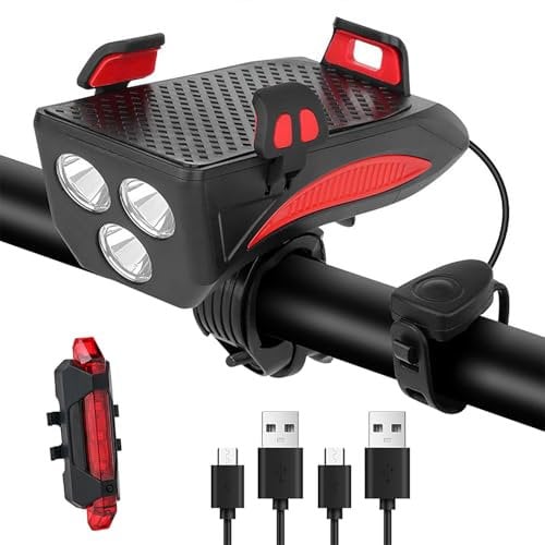 LED Bicycle Light Set with Mobile Phone Holder Rechargeable 4000 mAh Bicycle Light with Power Bank Loud Bell Rear Light Cycling Torch Hiking Camping All Mountain & Road Bike