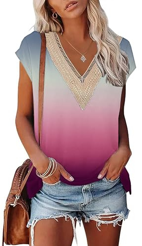 PLOKNRD T-Shirt D'été à Manches Courtes pour Femme Col en V et Élégant Décolleté Dentelle Été Top Lâche Classique