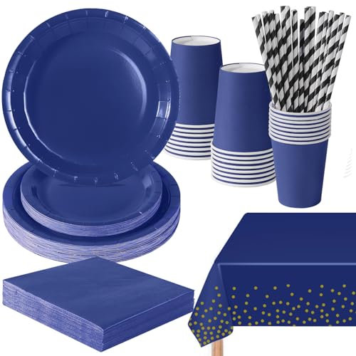 PYAILI Dunkelblau Partygeschirr, 121 Stück Pappteller Sets, Party Pappteller Becher Servietten Partyteller Partyset Süße Party, für Feste und Feiern wie Geburtstag