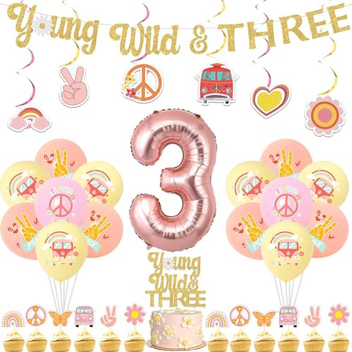 Wonmelody Groovy 3rd Birthday Decorations Young Wild and Three Banner Groovy Party Decor Daisy Hanging Swirls Three Groovy Birthday Decor Cake Topper Groovy Retro Boho Hippie 3rd Birthday Party Decor