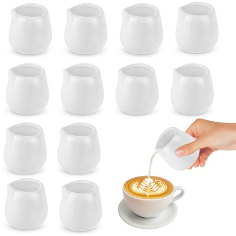 KBIBCK 12 PCS Milk Creamer Pitcher, 50ml Mini Milk Jug, Mini Creamer Jugs Without Handle, Small Milk Jug, Ceramic Milk Jugs, Reusable Small White Ceramic for Coffee Tea Milk Jam Sauce Pitcher