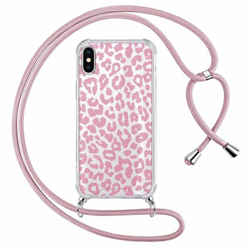 Phoona Leopard Print Cheetah Pattern Phone Case with Strap for iPhone XS Max 6,5, Clear Transparent Crossbody Funda with Adjustable Neck Shoulder Lanyard Protective Bumper Cover for Women Girls, 01