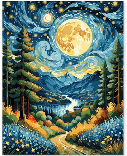 Kit de peinture par chiffres pour adultes débutants et enfants, 1 paquet de 16 x 20 pouces Canva pour kits de peinture en boîte colorée (sans cadre) - montagnes rivières et étoiles