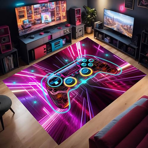 ZCLRUG Game Rug 60x110cm 3D Neon Space Bedroom Area Rug Cool Joystick Floor Carpet for Teenagers Children Game Consoles Living Room Carpet Washable Non-slip Soft Bedside Mat for Girls Room