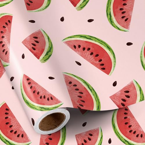 RUSPEPA Wassermelonen-Geschenkpapierrolle, Mini-Rolle, lustiges Sommerfrucht-Design mit Wassermelonenscheiben,tropisches Geschenkpapier, ideal für Geburtstage, Sommerpartys und Feiertage, 43,2cm x 5m