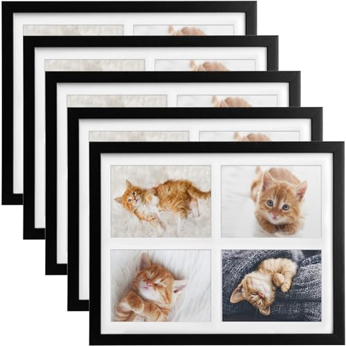 bomoe 5x Bilderrahmen Collage für 4 Fotos 10x15 cm – Fotorahmen Collage aus Holz, Kunststoffglas, Metall-Aufhängung & Passepartout Multirahmen für Bilderrahmen Set – Bilderrahmen 10x15 Schwarz Galeria
