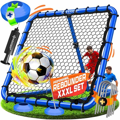 KESSER® Fußball Rebounder 100x100 cm | Verstellbares Trainingsnetz | Pass- und Schusstraining | inkl. Luftpumpe, 6 Markierungshütchen & 4 Widerstandshaken | für Handball, Volleyball | Prellwand