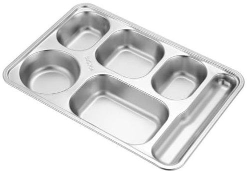 Kanuothbon 2 Pack Stainless Steel Divided Dinner Plates, 13.1x9 Inches Snack Serving Plate with 5 Compartment, Metal Food Trays for Adults, Diet Food Portion Control, with Cutlery Card Slot