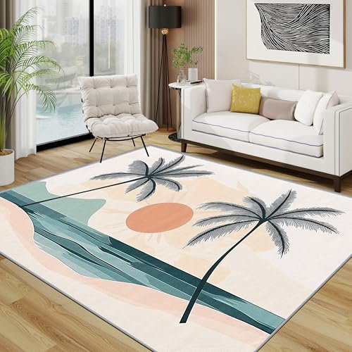 TerroVee Tropisch Waschbarer Teppich, Sonnenuntergang Blumen Palmen Teppich 100x200 cm, Floral Bunt Hawaii Kurzflor rutschfest Teppiche Für Schlafzimmer Wohnzimmer, Orange Grün
