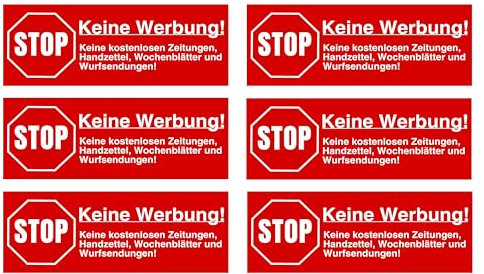 6x STOP Keine Werbung und kostenlose Zeitungen UV-geschützte Aufkleber mit starke Sticker Folie in 8cm x 3cm für Briefkasten (rot)