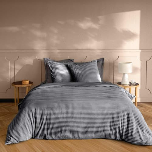 Douceur d'Intérieur, Parure de Lit 3 Pièces (240 x 220 cm) Veloutea Anthracite, Flanelle Relief Unie