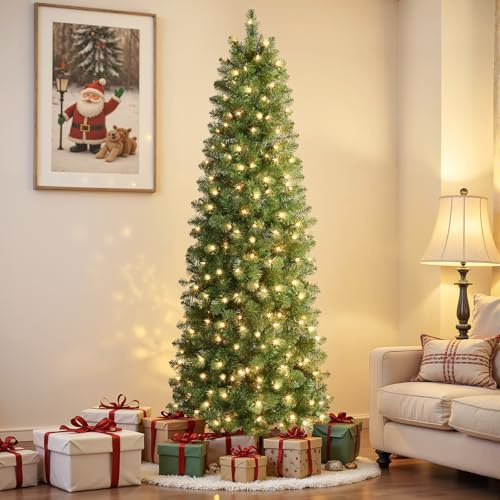 SHareconn 6ft Artificial Slim Pencil Christmas Tree, With 545 Branches Tips, 200 Warm White and Foldable Metal Stand, Christmas Decorations for Home, Green