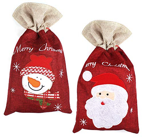 2 Stück Weihnachten Geschenkbeutel Nikolaussack, Weihnachts-Geschenktüten | Geschenkverpackung zum Befüllen, Baumwolle Säckchen, für Süßigkeiten, Geschenke, Dekorationen (Schneemann, Weihnachtsmann)