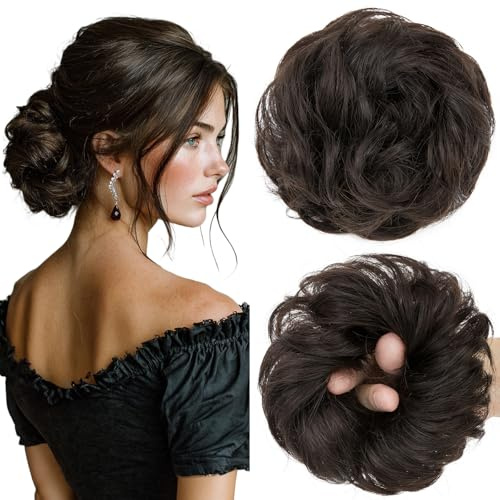 MY-LADY Haarteil Mit Gummiband Dutt Haarteil, Haargummi Mit Haaren Echthaar 25g Hochsteckfrisuren für Damen & Mädchen (#1B Natürliches Schwarz Locken)