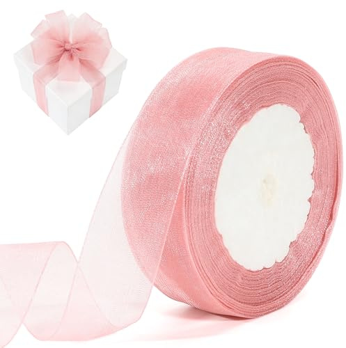 25mm 46m Organzaband Roségold Geschenkband Transparentes Rose Organza Dekoband für Hochzeits Valentinstag Bänder Zum Basteln Tüll Geschenkbänder Verpackungsbänder für Weihnachten Geburtstag Taufe
