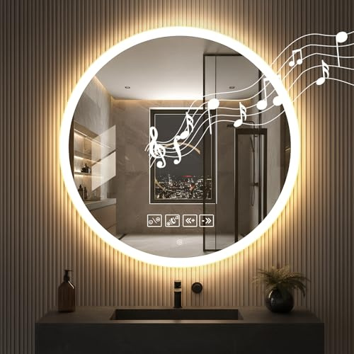 Worshow Bathroom Mirror with LED Lights & Bluetooth, 600×600 mm Wall-Mounted Vanity Mirrors, LED Illuminated Backlit Mirror with Anti-Fog, 3 Colour Dimmable, Time, Memory Function, IP44 Makeup-Mirror