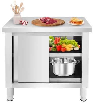 HINOPY Edelstahl Schrank, 2 Etagen Arbeitsschrank mit Schiebetüren, 80×50×80cm Edelstahl Arbeitstisch, Outdoor Küchenschrank für Küche, Restaurant, Garage, bis 300kg