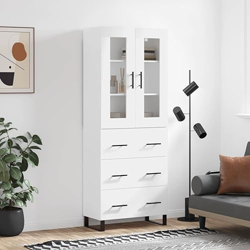 HETFTJN Highboard Weiß 69,5x34x180 cm Holzwerkstoff mit Glasfront, Metallfüßen, Viel Stauraum, Modernes Design & Robustheit für Wohnzimmer, Küche, Flur