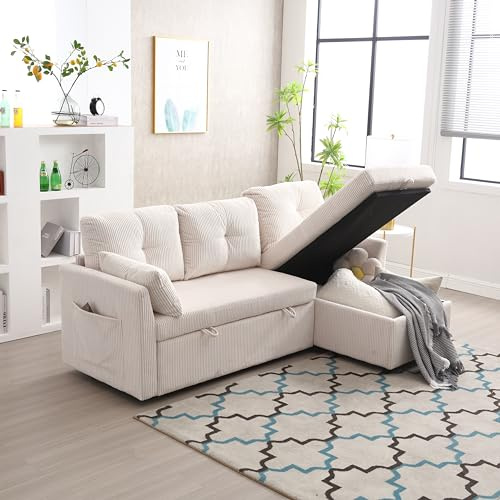 QQU Sofa Bed 3 Seater, Bed Settee with Storage, L-Shaped Sectional Sofa Convertible to Bed, Reversible Chaise (Left or Right), 110cm Wide Sleeper for Living Room, Apartment, Office, Beige