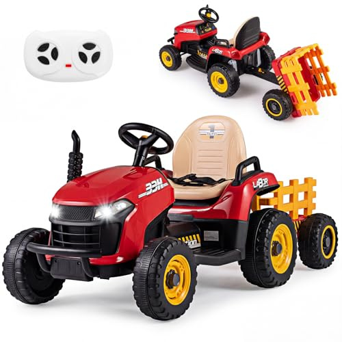 COSTWAY 24V Elektro Traktor mit Anhänger, Kindertraktor elektrisch inkl. 2,4G Fernbedienung, Elektrotraktor mit Hupe, Schalthebel, Musik & LED-Scheinwerfer, 3,2-7 km/h, für Kinder ab 3 Jahren (Rot)