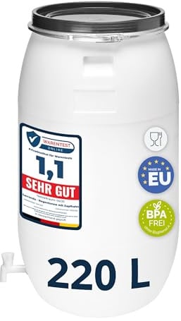 Garronda 220 Liter Regentonne mit Deckel mit Hahn Weithalsfass aus HDPE Regenfass für Garten Fass Regenwassertonne Futtertonne Wasserbehälter Universalfass Wasserfass Wassertank GD-0091 Weiß